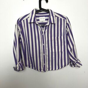 American Eagle Purple Striped Cropped Button Down Shirt Womens Small Cotton